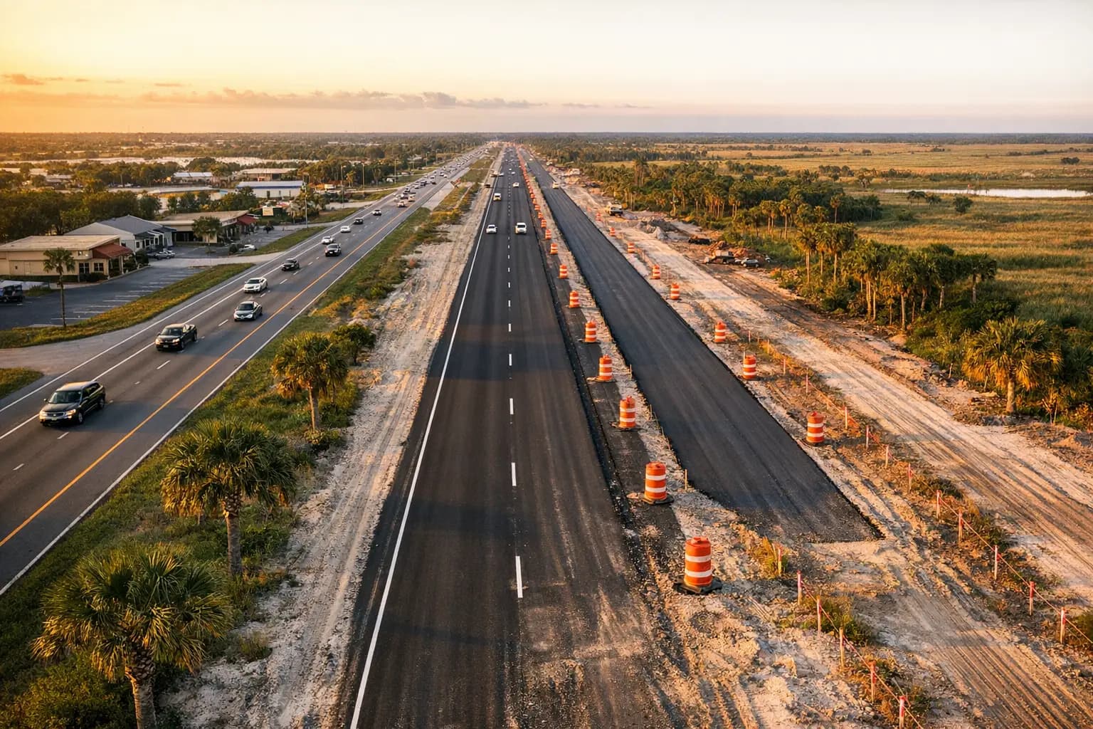 Aerial view of a Florida highway being widened, with survey stakes along the right-of-way line